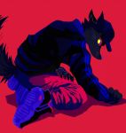  2019 anthro black_fur canid canine canis claws clothed clothing digital_media_(artwork) fur glitter_trap_boy hat looking_back male mammal restricted_palette simple_background sitting solo whiskers 