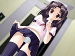  1girl game_cg indoors panties school_uniform seifuku skirt skirt_lift solo thighhighs underwear 