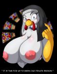  2019 anthro areola avian beak beckoning big_breasts bird blue_eyes breasts chicken digital_media_(artwork) english_text female fingers hi_res huge_breasts looking_at_viewer marylin_(suirano) nipples non-mammal_breasts nun smile solo suirano text yellow_beak 