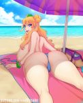  ass beach beach_towel bikini_bottom blonde_hair blue_bikini_bottom blue_eyes breasts day galko hair_bun hair_ornament hair_scrunchie huge_breasts looking_back lying ocean on_stomach oshiete!_galko-chan scrunchie thick_thighs thighs topless towel vanilly 