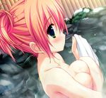  blush breast_hold breasts game_cg green_eyes highres hoshizora_e_kakaru_hashi nakatsugawa_ui nude onsen pink_hair profile ryouka_(suzuya) solo 