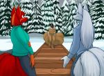  anthro black_fur canid canine clothed clothing dreamspinner female fox foxenawolf fur group hair krinele mammal molly_fullin multi_tail nocturne_(datban) outside red_fur red_hair smile snow tree white_fur white_hair 