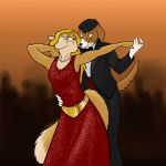  anthro blonde_hair bow_tie breasts brown_fur brown_hair canid canine canis clothed clothing dancing dipstick_tail domestic_dog dress duo female fox foxenawolf fur hair male male/female mammal multicolored_tail tuxedo 