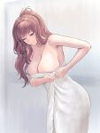  1girl armpits blue_eyes blush breasts brown_hair closed_mouth collarbone cowboy_shot highres kantai_collection large_breasts long_hair naked_towel odachu one_eye_closed saratoga_(kancolle) side_ponytail smile towel white_towel 