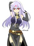  1girl alternate_costume arms_up bare_shoulders belt breasts corruption dark_persona facial_mark fire_emblem fire_emblem:_genealogy_of_the_holy_war forehead_mark holding_own_hair julia_(fire_emblem) large_breasts long_hair looking_at_viewer mind_control multiple_belts purple_hair red_eyes simple_background solo thighhighs white_background yukia_(firstaid0) 