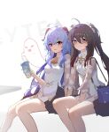  2girls :d absurdres alternate_costume bell black_hair blue_hair boo_tao_(genshin_impact) chinese_clothes commentary_request cosplay cup disposable_cup drinking_straw ganyu_(genshin_impact) ganyu_(genshin_impact)_(cosplay) ganyu_(heytea)_(genshin_impact) genshin_impact ghost goat_horns hair_between_eyes hair_ribbon highres holding holding_cup horns hu_tao_(genshin_impact) long_hair looking_at_viewer low_ponytail multiple_girls neck_bell official_alternate_costume purple_eyes qixia red_eyes ribbon short_sleeves sidelocks simple_background sitting smile symbol-shaped_pupils twintails white_background 