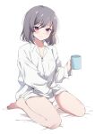  1girl barefoot between_legs blush breast_pocket closed_mouth collared_shirt cup dot_nose feet grey_hair hair_between_eyes hand_between_legs highres holding holding_cup idoly_pride kanzaki_rio long_sleeves looking_at_viewer medium_hair mug naked_shirt open_collar plum_(arch) pocket purple_eyes shirt simple_background sitting sleeves_past_wrists smile solo toes wariza white_background 