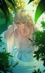  1boy androgynous archer_(fate/samurai_remnant) fate/samurai_remnant fate_(series) grey_hair highres light_(nightty45) long_hair looking_down male_focus no_nipples outdoors parted_lips partially_undressed solo tree upper_body wading water wet yellow_eyes 