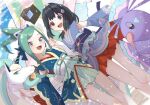  2girls :d alternate_color bangs black_hair commentary_request dawn_(new_year&#039;s_2023)_(pokemon) dawn_(pokemon) eyelashes galarian_rapidash green_eyes green_hair green_ribbon green_skirt grey_eyes hair_ornament happy holding_hands japanese_clothes kimono knees lisia_(new_year&#039;s_2023)_(pokemon) lisia_(pokemon) looking_at_viewer multiple_girls official_alternate_costume open_mouth oricorio oricorio_(sensu) pleated_skirt pokemon pokemon_(game) pokemon_masters_ex red_skirt ribbon sash shiny_pokemon skirt smile ssn_(sasa8u9r) teeth tongue upper_teeth_only white_sash 