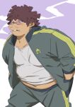  1boy bara belly blush character_request cigarette cowboy_shot fat fat_man great_pretender jacket male_focus midriff_peek navel open_clothes open_jacket pants pectorals purasu_no_konbu shirt short_hair sideways_glance smoking solo standing sunglasses t-shirt track_jacket track_pants 