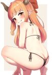  1girl alternate_costume ass back bangs bikini black_bikini blunt_bangs blush bow brown_background brown_eyes brown_horns butt_crack commentary_request full_body grin hair_bow highres horns ibuki_suika long_hair looking_at_viewer nishiuri orange_hair pointy_ears red_bow side-tie_bikini_bottom smile solo squatting swimsuit touhou two-tone_background white_background 
