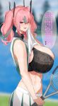  1girl aji_(sakanaaj1) azur_lane black_bra blurry blurry_background blush bra breasts bremerton_(azur_lane) bremerton_(scorching-hot_training)_(azur_lane) clothes_lift commentary cowboy_shot from_side furrowed_brow green_shirt green_skirt grey_hair hair_between_eyes headgear highres huge_breasts lifted_by_self looking_at_viewer medium_hair miniskirt multicolored_hair navel navel_piercing official_alternate_costume open_mouth piercing pink_eyes pink_hair pleated_skirt racket shirt shirt_lift skirt sleeveless sleeveless_shirt smile solo speech_bubble sportswear standing steaming_body stomach streaked_hair sweat tennis_racket tennis_uniform translated twintails two-tone_hair two-tone_shirt two-tone_skirt underwear white_skirt 