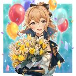  1girl balloon blonde_hair blue_eyes blush bouquet bow breasts capelet confetti flower genshin_impact gloves hair_between_eyes hair_bow highres holding holding_bouquet jean_(genshin_impact) karanashi_mari long_hair looking_at_viewer open_mouth ponytail sidelocks smile solo 