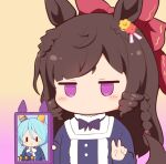  1girl animal_ears blue_hair blue_shirt blush_stickers bow braid brown_background brown_hair cellphone chibi closed_mouth daiichi_ruby_(umamusume) drill_hair flower gomashio_(goma_feet) gradient_background hair_bow hair_flower hair_ornament holding holding_phone horse_ears horse_girl horse_tail jitome k.s.miracle_(umamusume) long_hair long_sleeves phone phone_with_ears pink_background puffy_long_sleeves puffy_sleeves purple_bow purple_eyes red_bow red_flower shirt side_drill smile solo star_(symbol) swept_bangs tail twin_drills umamusume v very_long_hair white_shirt yellow_flower |_| 