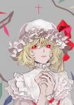  1girl blonde_hair bow collar cross crystal_wings expressionless eyelashes flandre_scarlet frilled_collar frilled_cuffs frilled_headwear frills grey_background hair_between_eyes hat hat_bow inverted_cross mob_cap multicolored_wings one_side_up own_hands_together red_bow red_eyes short_hair simple_background solo touhou ue_toono_(atano) white_headwear wings wrist_cuffs 
