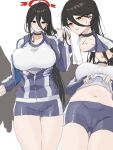  1girl bangs black_choker black_hair blue_archive blue_jacket blue_shorts blush breasts choker clipboard closed_mouth clothes_lift gym_uniform hair_between_eyes halo hasumi_(blue_archive) hasumi_(gym_uniform)_(blue_archive) highres holding huge_breasts jacket lifted_by_self long_hair looking_at_viewer mole mole_under_eye multiple_views nipio parted_lips partially_unzipped ponytail red_eyes shirt shirt_lift short_shorts shorts simple_background stomach sweat towel very_long_hair white_background white_shirt wiping_sweat 