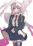  1girl alternate_color black_jacket black_skirt black_thighhighs blush brown_hair collared_shirt cowboy_shot danganronpa_(series) danganronpa_2:_goodbye_despair highres hood hood_down hooded_jacket jacket long_sleeves medium_hair multiple_views nanami_chiaki neck_ribbon open_clothes open_jacket pink_eyes pleated_skirt red_ribbon ribbon shirt skirt smile tai-yaki_(tiyk_0807) thighhighs 