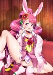  1girl animal_ears anus boots choker cure_whip fake_animal_ears flat_chest flower highres kirakira_precure_a_la_mode legs long_hair looking_at_viewer marui nipples no_panties open_mouth pink_eyes pink_hair precure pussy_juice rabbit_ears red_flower red_rose rose signature spread_legs usami_ichika 