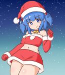  1girl blue_background blue_eyes bright_pupils closed_mouth commentary_request commission elbow_gloves gloves gradient_background hair_bobbles hair_ornament hat kawashiro_nitori looking_at_viewer mizusoba red_gloves red_headwear red_skirt santa_costume santa_hat short_hair skeb_commission skirt smile solo touhou two_side_up white_pupils 