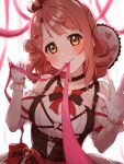  1girl absurdres alternate_hairstyle blurry blurry_background blush breasts cleavage commentary_request drill_hair earrings furrowed_brow gloves hair_ornament hairclip half_updo heart heart-shaped_pupils heart_earrings heart_hair_ornament highres jewelry kyaku_tatsu leash looking_at_viewer love_live! love_live!_nijigasaki_high_school_idol_club love_live!_school_idol_festival_2 medium_breasts medium_hair mouth_hold pink_hair pov signature single_sidelock solo symbol-shaped_pupils uehara_ayumu upper_body viewer_on_leash white_gloves yellow_eyes 