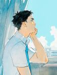  1boy akaashi_keiji black_hair blue_background blue_eyes blue_necktie blue_sky chengongzi123 closed_mouth cloud collared_shirt curtains elbow_rest haikyuu!! hand_up hashtag_only_commentary head_rest highres looking_outside looking_to_the_side male_focus necktie shirt short_hair short_sleeves sky striped_necktie upper_body very_short_hair white_shirt window 
