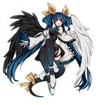  1girl angel_wings asymmetrical_wings bare_shoulders black_thighhighs black_wings blue_hair blush bow breasts commentary_request detached_sleeves dizzy_(guilty_gear) feathered_wings guilty_gear guilty_gear_xrd hair_ribbon hair_rings highres hina_co_330 large_breasts long_hair monster_girl red_eyes ribbon tail tail_bow tail_ornament tail_ribbon thighhighs white_sleeves white_wings wide_sleeves wings yellow_ribbon 