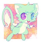 3_toes 4_fingers ambiguous_gender bweezy_(mew) chest_tuft cute_fangs extyrannomon_(artist) fangs feet feral fingers fur generation_1_pokemon heterochromia hi_res inner_ear_fluff legendary_pokemon looking_at_viewer mew_(pokemon) nintendo open_mouth pawpads paws pokemon pokemon_(species) simple_background solo teal_body teal_fur teeth toes tongue tuft white_body white_fur