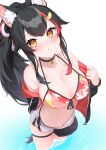  1girl absurdres animal_ears aurahman bare_shoulders black_choker black_hair blush breasts choker cleavage highres hololive large_breasts looking_at_viewer multicolored_hair ookami_mio swimsuit tail thigh_strap virtual_youtuber water yellow_eyes 