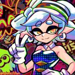  1girl artist_name bare_arms bare_shoulders black_dress bow-shaped_hair breasts detached_collar dress earrings food food_on_head gloves grey_hair half_updo hand_on_own_hip highres hoop_earrings inkling jewelry marie_(splatoon) mole mole_under_eye nyapurrlitan object_on_head pointy_ears short_dress solo splatoon_(series) strapless strapless_dress sushi swept_bangs tentacle_hair thick_eyebrows twitter_username upper_body v white_gloves yellow_eyes 