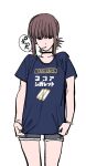  1girl blue_shirt bracelet candy choker cigarette_candy cutoffs earrings food food_in_mouth hair_over_eyes jewelry jinusi mouth_hold shirt short_hair simple_background solo standing super_no_ura_de_yani_suu_futari t-shirt tayama_(super_no_ura_de_yani_suu_futari) white_background 