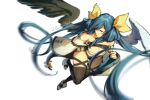  1girl angel_wings asymmetrical_wings bare_shoulders black_panties black_thighhighs blue_hair bow breasts cleavage detached_sleeves dizzy_(guilty_gear) feathered_wings green_wings guilty_gear guilty_gear_xrd hair_ribbon hair_rings highres large_breasts llamartist long_hair monster_girl panties ribbon tail tail_bow tail_ornament tail_ribbon thighhighs underwear wings yellow_ribbon 