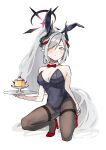  1girl absurdres animal_ears black_horns black_leotard black_pantyhose blue_archive blush breasts closed_mouth demon_horns detached_collar fake_animal_ears full_body grey_eyes grey_hair hair_over_one_eye halo hayashi_itsuki high_heels highres horns large_breasts leotard long_hair makoto_(blue_archive) multiple_horns pantyhose rabbit_ears red_footwear red_halo simple_background solo strapless strapless_leotard white_background 