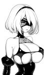  1girl 2b_(nier:automata) artist_name bare_shoulders blindfold brassica breasts cleavage collar corset covered_nipples detached_sleeves eyelashes greyscale hairband highres large_breasts lips monochrome nier:automata nier_(series) one_eye_covered puffy_detached_sleeves puffy_sleeves shadow short_hair solo upper_body 