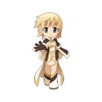  1girl blonde_hair boots breasts brown_cape brown_dress brown_footwear brown_gloves cape chibi closed_mouth dress full_body fur-trimmed_cape fur-trimmed_gloves fur_trim gloves green_eyes hand_on_own_hip high_wizard_(ragnarok_online) layered_dress looking_at_viewer medium_bangs official_art ragnarok_online reaching reaching_towards_viewer short_dress short_hair simple_background small_breasts smile solo standing strapless strapless_dress tachi-e transparent_background two-tone_dress two-tone_footwear walking white_dress white_footwear yuichirou 