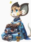  1boy animal_ears blue_eyes blue_pants blue_shirt brown_gloves bug butterfly commentary cosplay full_body furry furry_male gloves hashtag_only_commentary indian_style knife looking_at_animal lou_(world_flipper) lou_(world_flipper)_(cosplay) male_focus mouse_boy mouse_ears mouse_tail open_mouth pants planted planted_knife shirt sitting sven_(world_flipper) tail waahurikya white_background world_flipper yellow_butterfly 