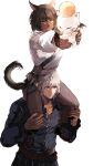  1boy 1girl :d absurdres animal_ears avatar_(ff14) bangs belt black_footwear black_thighhighs blue_eyes blue_shirt brown_eyes brown_hair carrying cat_ears cat_girl cat_tail collarbone collared_shirt commentary_request creature dark-skinned_female dark_skin earrings elezen elf estinien_varlineau facial_mark fang final_fantasy final_fantasy_xiv from_above heterochromia highres holding holding_creature jewelry korean_commentary long_sleeves looking_to_the_side miqo&#039;te moogle open_mouth outstretched_arms pointy_ears sandals scar scar_across_eye shirt short_hair shoulder_belt shoulder_carry sideways_glance simple_background single_earring sitting sitting_on_person slit_pupils smile standing sweatdrop tail thighhighs upper_body wefightasone_1 white_background white_eyes white_hair white_shirt 