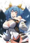  1girl absurdres angel_wings asymmetrical_wings bare_shoulders black_panties black_wings blue_hair blue_wings blush breasts cleavage detached_sleeves dizzy_(guilty_gear) guilty_gear guilty_gear_xrd hair_ribbon hair_rings hashihiro_ko highres large_breasts long_hair monster_girl navel panties red_eyes ribbon smile twintails underwear white_sleeves wings yellow_ribbon 