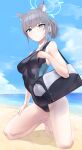  1girl absurdres animal_ear_fluff animal_ears bag beach black_one-piece_swimsuit blue_archive blue_eyes blue_sky breasts cloud competition_swimsuit covered_navel cross_hair_ornament day extra_ears grey_hair hair_ornament halo highres horizon kneeling looking_at_viewer low_ponytail medium_hair mismatched_pupils multicolored_clothes multicolored_swimsuit ocean official_alternate_costume one-piece_swimsuit outdoors shiroko_(blue_archive) shiroko_(swimsuit)_(blue_archive) sky small_breasts solo swimsuit takumi_nosiro wolf_ears 
