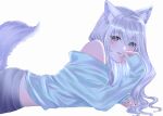  1girl absurdres animal_ear_fluff animal_ears blue_eyes blue_shirt blush cat_ears cat_girl cat_tail commentary_request grey_hair grey_pants highres long_hair long_sleeves looking_at_viewer lying noripro off_shoulder on_stomach pants parted_lips shirayuki_mishiro shirt simple_background sleeves_past_wrists smile solo tail upper_body virtual_youtuber white_background yuri_kyanon 