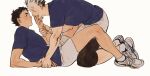  2boys akaashi_keiji arm_grab black_hair blue_eyes blue_shirt bokuto_koutarou chengongzi123 closed_mouth colored_eyelashes covering_another&#039;s_mouth english_text full_body grey_footwear grey_hair grey_shorts haikyuu!! hand_over_another&#039;s_mouth hand_up highres looking_at_another male_focus multicolored_hair multiple_boys pinned shirt shoes short_hair short_sleeves shorts simple_background sitting sneakers streaked_hair t-shirt thick_eyebrows very_short_hair white_background yellow_eyes 