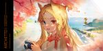  1girl animal_ears archetto_(arknights) arknights blonde_hair blue_eyes camera character_name cherry_blossoms day extra_ears heterochromia highres holding holding_camera huajiaohaibao long_hair looking_at_viewer open_mouth outdoors red_eyes red_scarf road road_sign scarf shirt sign solo teeth upper_body water white_shirt 