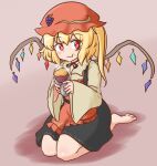  1girl aki_minoriko aki_minoriko_(cosplay) barefoot black_skirt blonde_hair brown_background closed_mouth commentary_request commission cosplay crystal_wings eating flandre_scarlet food fruit full_body grapes hat holding holding_food kneeling looking_at_viewer mizusoba mob_cap red_eyes red_headwear simple_background sitting skeb_commission skirt solo touhou 