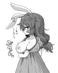  1girl animal_ears arinu blush breasts cleavage closed_mouth collarbone dress earclip greyscale hair_between_eyes highres large_breasts long_hair looking_at_viewer monochrome nipples rabbit_ears seiran_(touhou) short_sleeves simple_background solo touhou translation_request white_background 