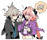  2boys ? animal_ear_hood animal_ears animal_hood antenna_hair arrow_(symbol) astolfo_(fate) astolfo_(memories_at_trifas)_(fate) black_bow black_hoodie bow braid closed_mouth collarbone crop_top cropped_jacket cropped_shirt cross cross_necklace dot_mouth fang fate/apocrypha fate_(series) grey_hair hair_between_eyes hair_bow hair_intakes hand_up haoro hood hoodie jacket jewelry long_braid long_hair male_focus multicolored_hair multiple_boys necklace official_alternate_costume open_mouth otoko_no_ko partially_unbuttoned pendant pink_hair pointing purple_jacket rabbit rabbit_ears red_eyes shirt short_hair sieg_(fate) simple_background single_braid skin_fang smile speech_bubble spoken_animal streaked_hair striped_clothes striped_shirt thought_bubble two-tone_hair upper_body v-neck white_background white_hair 