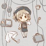  1girl beret black_headwear black_ribbon black_skirt briefcase brown_eyes brown_hair chibi closed_mouth cup flower grey_background hair_bun hand_up hat hat_flower hat_ribbon hatoba_tsugu head_tilt long_sleeves looking_at_viewer lowres mole mole_under_eye monitor mug no_sclera object_request pantyhose ribbon satome_(min) shirt shoes short_hair simple_background single_side_bun skirt smile solo suspender_skirt suspenders toothbrush tsugu_(vtuber) umbrella virtual_youtuber waving white_flower white_pantyhose white_shirt 