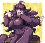  1girl @_@ ahoge alternate_breast_size bags_under_eyes black_hair blush breasts commentary_request covered_navel dated dress hair_between_eyes hairband hex_maniac_(pokemon) holding holding_poke_ball jewelry large_breasts long_dress long_hair messy_hair navel open_mouth plump poke_ball poke_ball_(basic) pokemon pokemon_xy purple_eyes purple_hairband purple_nails ring solo takura_mahiro turtleneck_dress twitter_username very_long_hair 