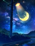  absurdres bush crescent_moon galaxy grass highres lamppost landscape moon nature night no_humans original outdoors plant power_lines reflection reflective_water scenery sidewalk signature sky smile_(qd4nsvik) star_(sky) starry_sky utility_pole water 