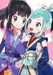  2girls :d absurdres arutarika_(ri_kaoekaki) bangs black_hair blue_kimono blue_sash closed_mouth commentary_request dawn_(new_year&#039;s_2023)_(pokemon) dawn_(pokemon) detached_sleeves eyelashes green_eyes green_hair green_ribbon grey_eyes hand_up happy highres japanese_clothes kimono lisia_(new_year&#039;s_2023)_(pokemon) lisia_(pokemon) locked_arms long_hair multiple_girls official_alternate_costume open_mouth pokemon pokemon_(game) pokemon_masters_ex purple_kimono ribbon sash smile split_mouth teeth tongue upper_teeth_only white_sash 