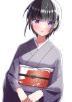  1girl :o black_hair blush floral_print grey_kimono highres idolmaster idolmaster_cinderella_girls japanese_clothes kimono looking_at_viewer mitsuba_tsuyu obi patterned_clothing purple_eyes sash shirayuki_chiyo short_hair simple_background solo white_background 