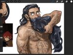  1boy abs art_program_in_frame back_hair bara beard brown_hair camaragon dungeon_meshi dwarf facial_hair fake_horns full_beard grabbing_facial_hair hairy helmet highres horned_helmet horns long_beard male_focus navel_hair nipple_hair nipples nude pectorals reference_inset screencap_inset senshi_(dungeon_meshi) sideways_glance solo stomach strongman_waist thick_arm_hair thick_beard thick_chest_hair thick_eyebrows thick_mustache thick_navel_hair upper_body very_hairy very_long_beard 